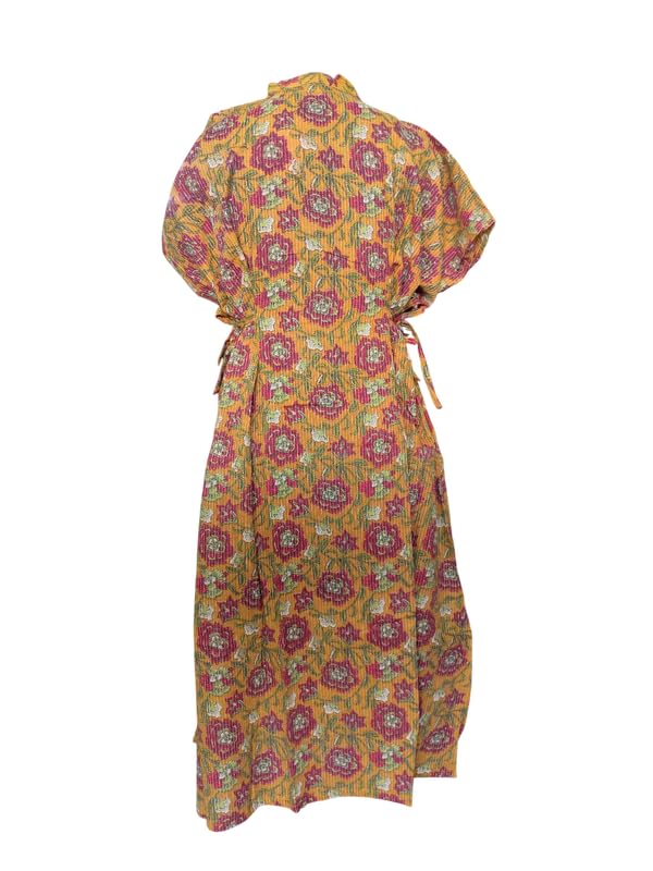 Image of Women's Cotton Full Front Open Dress | Mandarin Collar Button-Down | Darted Waist with Multi Tie-Up | Calf Length | Maternity, Feeding, Elderly & Hospital Wear | Sizes L-3XL