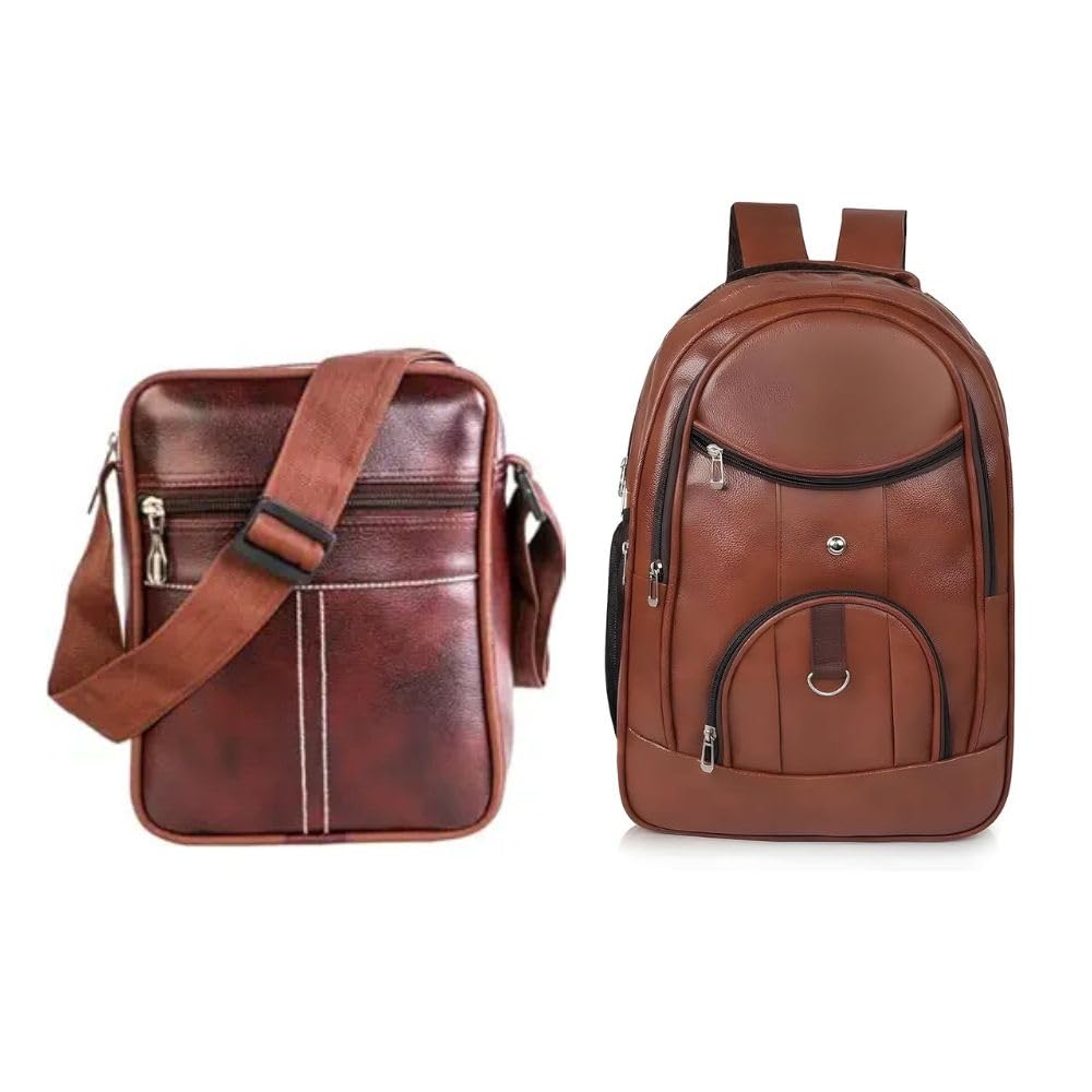 treggo Brown Leather Backpack & Crossbody Sling Bag Combo for Men & Women – Multi Pocket Travel Backpack with Adjustable Straps, Stylish Office College Casual Bag Set-picture-26