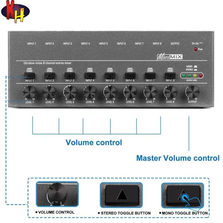 Image of kh 8 Channel Line Mixer Ultra Low Noise Compact Audio Mixer with Type C 5V Power and Individual Volume Controls for Home Studio Stage Performance Bars and Small Venues