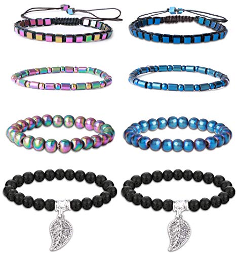 Thunaraz 8Pcs Hematite Bracelet for Men Women Therapy Bracelet Magnetic Bracelet Lava Rock