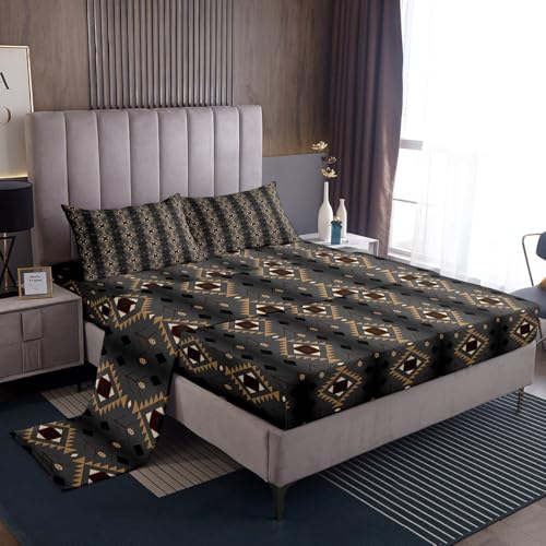 Homemissing Juego de sábanas bohemias, tamaño individual, para niños y niñas, juego de ropa de cama azteca geométrica con bolsillos de 16 pulgadas de profundidad, bohemio, 3 piezas con 1 funda de