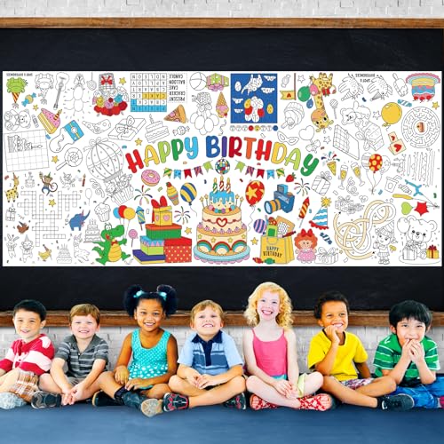 Image of Happy Birthday Giant Coloring Poster for Kids 30x72 Inch, Birthday Large Coloring Poster Tablecloth, Birthday Themed Color-in Activities Games for Kids School Classroom Home Party Supplies Decorations