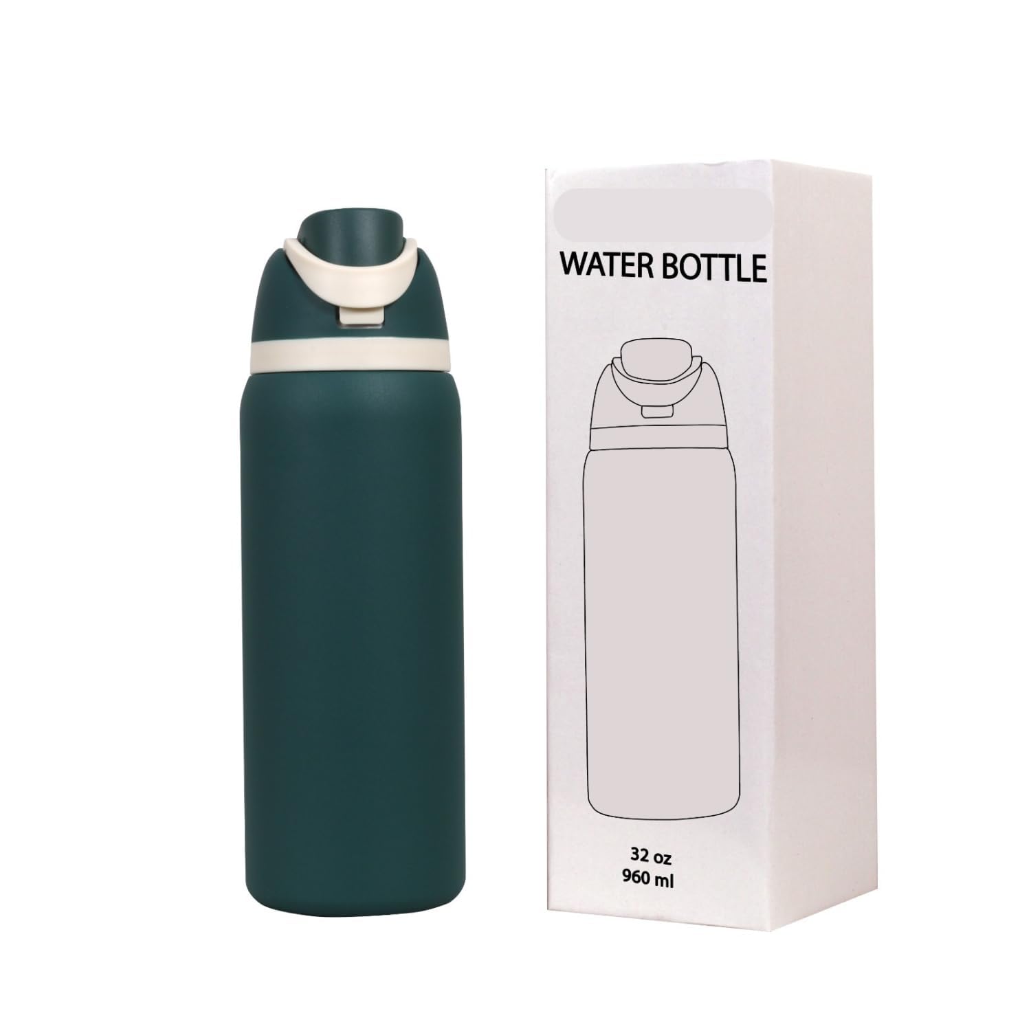 Stainless Steel Water Bottle 32 oz 960 ml with Flip Lid and Carry Loop (Dark Green)