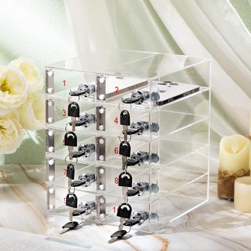 Image of Layhit Clear 10 Slots Cell Phone Locker Box for Classroom Clear Acrylic Cell Phone Storage Cabinet Bin with Door Locks for Classroom School Students Office Factory Employees