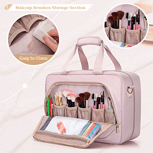 Professional Makeup Artist Travel Case with 4 Detachable Cosmetic Bags, Large Make up Organizer Bag with Makeup Kit Storage Section and Hair Tools Pocket, Pink (Empty Bag Only)4