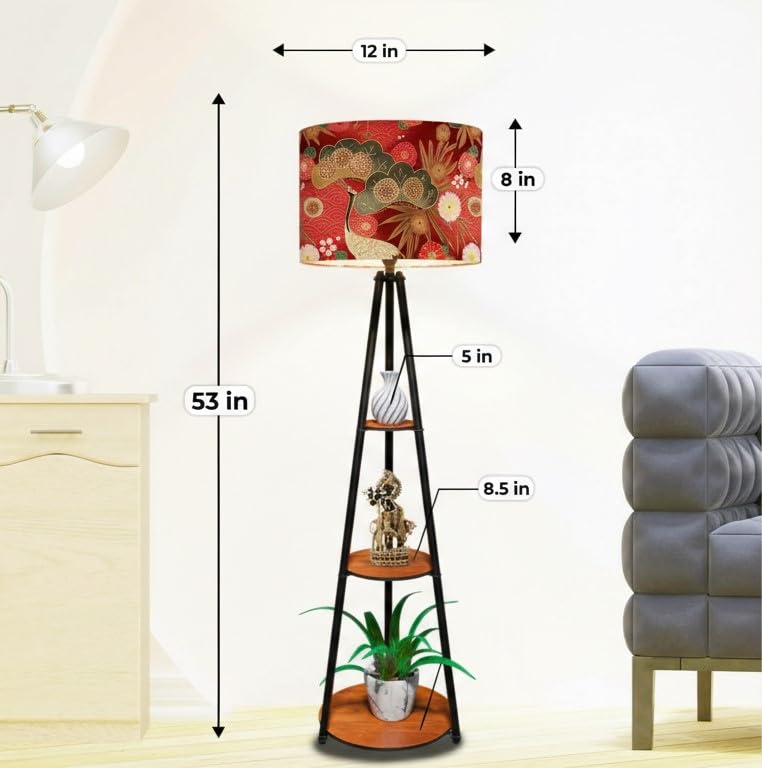 Image of Rellon Floor Lamp with 3 Storage Shelves, Metal FloorLamp for Living Room Standing Home Decoration FloorLamp Shade Reading for,Office,Kitchen,Bedroom (A7)