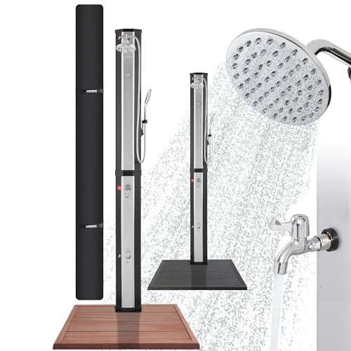 Arebos Solardusche 60 L & Bodenelement Holzoptik | mit Handbrause & Thermometer bis zu 60°C Pooldusche runder Duschkopf Snap-In Technologie Inkl. Abdeckhaube I Schwarz-Silber