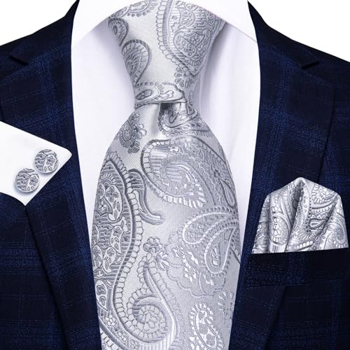 Image of Hi-Tie Men 63inches Tie Set Extra Long Necktie Paisley Tie Pocket Suqare Cufflinks Big and Tall Men Tie