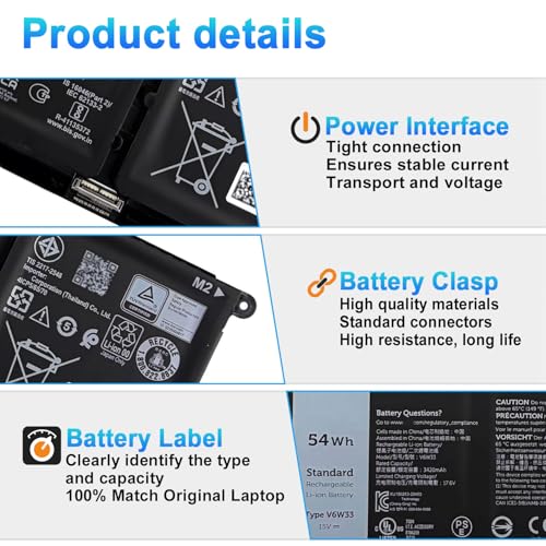 Image of 54Wh V6W33 Battery Replacement for Dell Inspiron 3511 3515 3520 3521 3525 3530 3535 5310 5330 5410 5418 5415 5420 Latitude 3320 3420 3430 3520 3530 Vostro 3420 3435 3510 5620 5625 Series