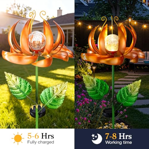 Image of Solar Yard Lights Wind Spinners- Metal Lotus Flower Garden Decor LED Crackle Glass Globe Yard Art Sculpture Solar Stake Lights for Patio Pathway Lawn Walkway (Yellow-Large)