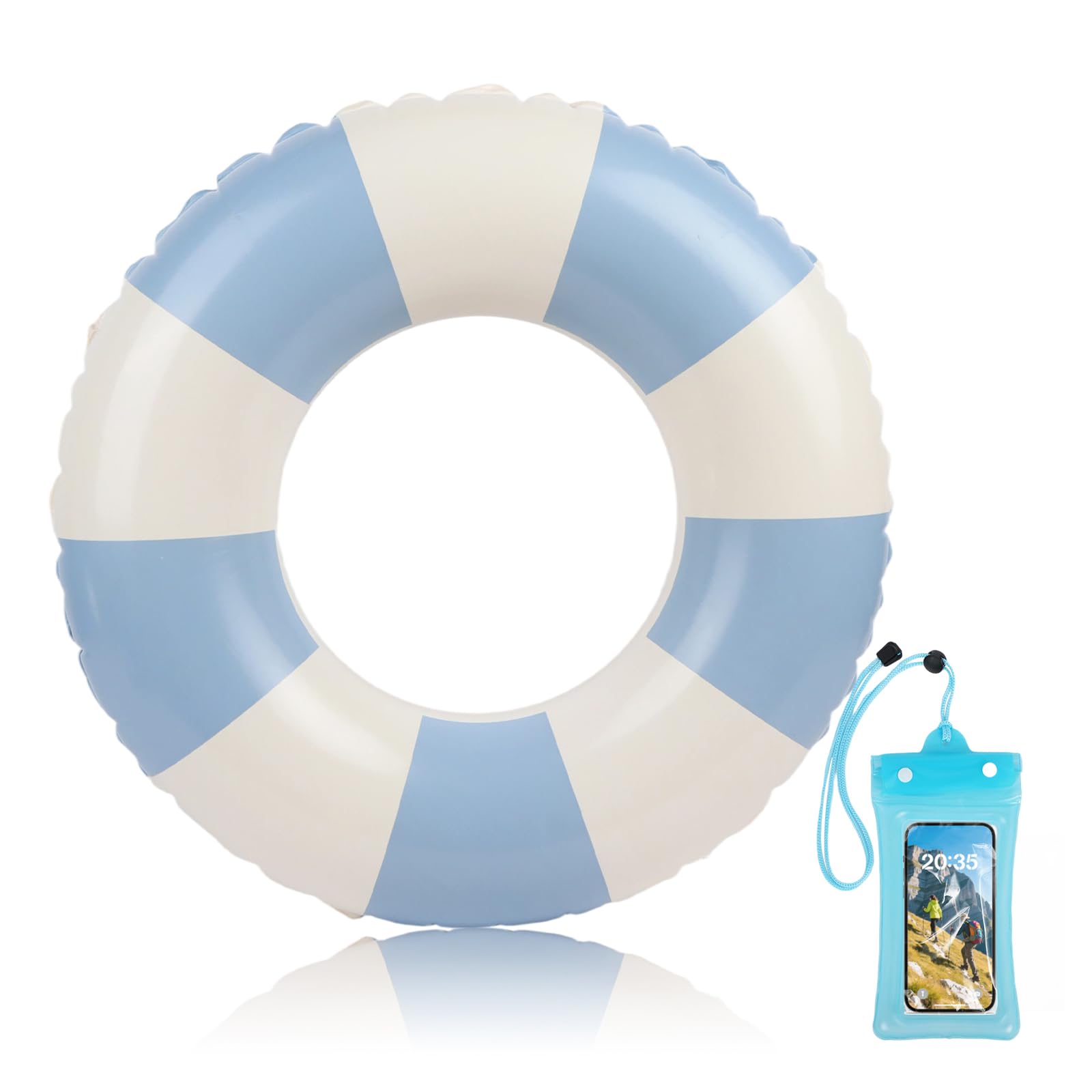 Inflatable Swimming Ring for Adults with Waterproof Phone Pouch, Durable PVC Pool Float, for Summer Beach, Pool Party and Water Sports (Blue)