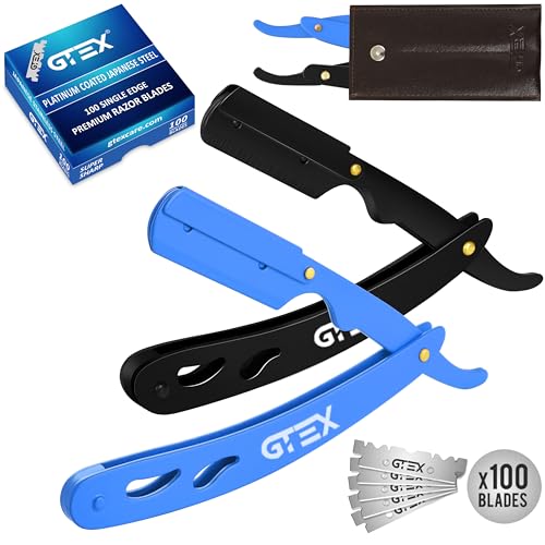 2 Straight Razor For Men (Blue Black), 100 GTEX Premium Blades (Japanese Steel) - 2Pack Straight Edge Razor 100 Platinum Razor Blade - Navajas Para Barbero - Barber Razor For Men, Beard Razor