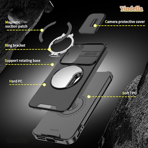 Image of Yindella Phone Case Compatible for Samsung A55, Shockproof Protective Cover with Slide Camera Protector, 360 Ring Kickstand, Magnetic Car Mount Support - Black
