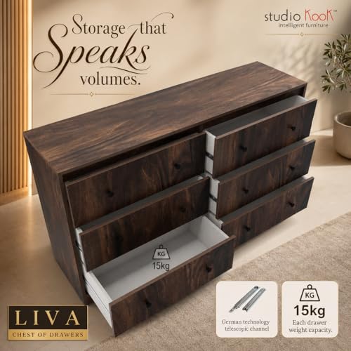 Image of Studio Kook Livaa Wide 6 Drawer Chest of Drawers, Junglewood | Engineered wood, 149x40x86 cm, six drawers on telescopic runners holding 15 kg each, 66x33x19 cm inside, 6 mm PVC legs
