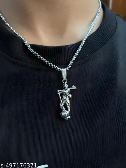 Image of Lord Hanuman Religious Pendant Necklace Locket Set, Stainless Steel, 3 Designs, Gada Hanuman Ji,