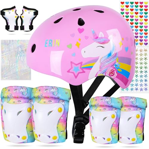 FIODAY Kids Bike Helmet Toddler Helmet Knee and Elbow Pads Wrist Guards Adjustable Protective Gear Set with DIY Sticker for Girls 3-5-8 Years for Skateboard Inline Skating Scooter