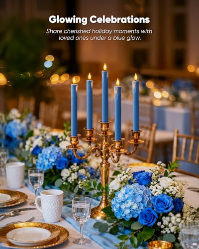 Image of Homemory 3 Pcs Waxy Blue Flameless Taper Candles with Remote Timer, LED Fake Candlesticks, 9.6 Inches Battery Tall Candle with 3D Flickering Flame for Wedding, Dinner, Christmas Anniversary Decor