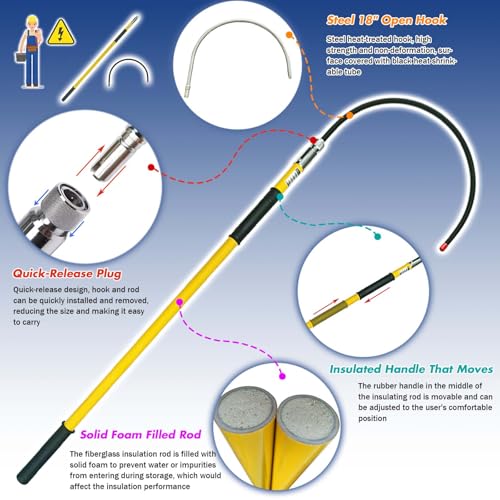 Image of 4FT Insulated Rescue Hook Withstand 35KV,UL-Certified Hotstick Rescue Hook | High Voltage Electrical Rescue Hook ASTM F711 Compliant Fiberglass Rescue Pole with 3 Style Hooks & 10KV Insulated Gloves