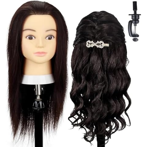 HAIRWAY Mannequin Head Human Hair Training Mannequin Head Cosmetology Manikin Mannequin Head for Braiding Wig Head Stand for Styling Practice Styling Head with Table Clamp (1B Black, female1 18inch) Cover