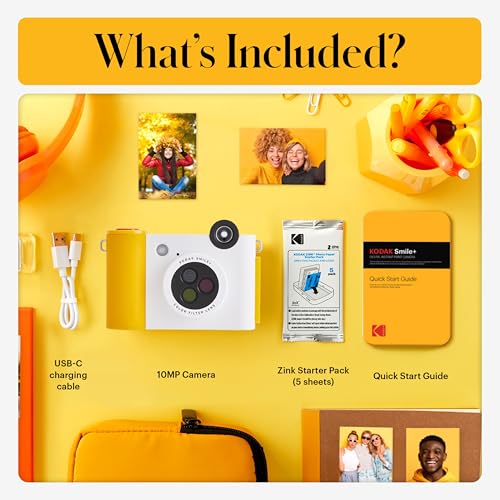 Image of Kodak Smile+ 2-in-1 Digital Instant Print Camera & Photo Printer Gift Bundle + Case + Zink 2x3 Sticky Back Photo Paper 20pk + Album + Sticker Sets + Sticker Frames + Hanging Frames + Markers - White