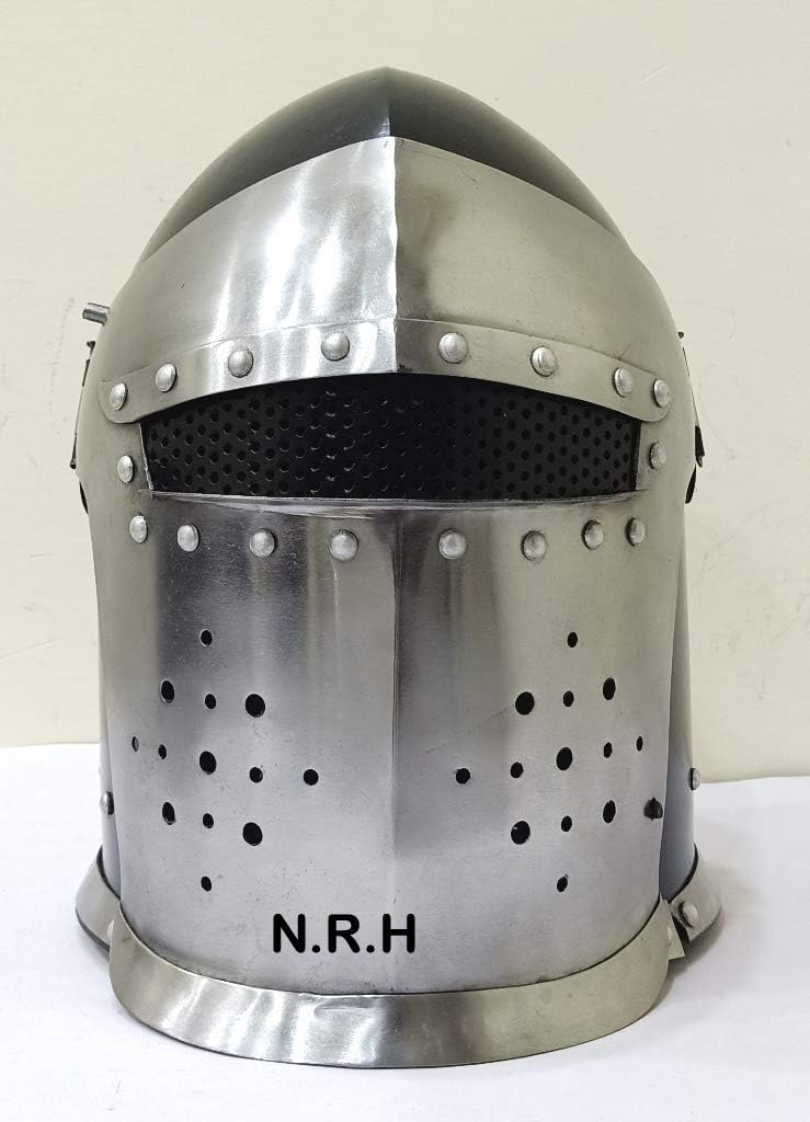 Barbuta Viking Battle Knight Helmet | Black Medieval Visored Barbute Helm Armor SCA LARP Costume Halloween Helmet W/Stand