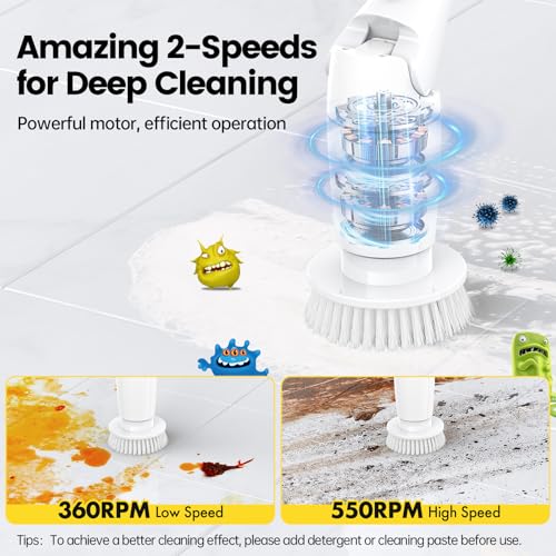 Image of Electric Spin Scrubber, Cordless Cleaning Brush Shower Scrubber Up to 550 RPM with 9 Replaceable Brush Heads, Bathroom Scrubber Adjustable Extension Handle for Cleaning Bathroom Kitchen(Grey)