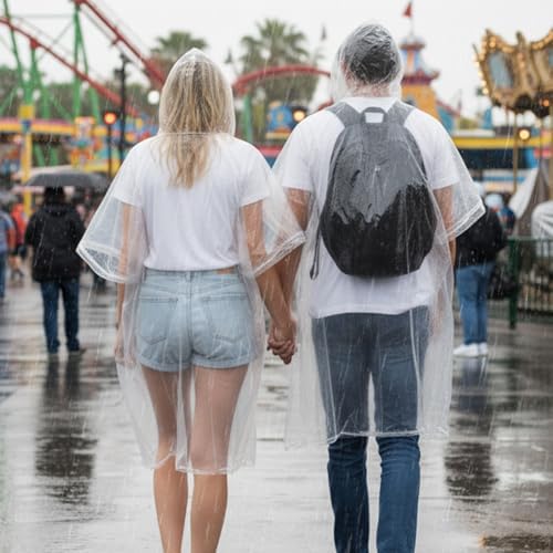 Two people wearing transparent disposable rain ponchos while walking outdoors in wet weather.