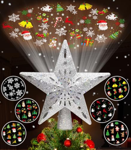 Tsorode Christmas Tree Topper Lighted,Star Tree Topper with Projector Built-in LED Rotating Lights with 6 Projection Modes,3D Glitter Dynamic Projection Christmas Decorations (Silver)