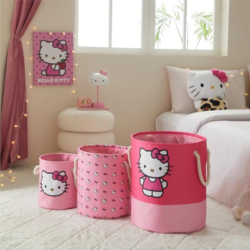 Image of Sanrio Hello Kitty 3 Piece Fabric Storage Basket Set, Pink Nestable Toy Storage Bins with Rope Handles - Kids Bedroom & Nursery Organizer