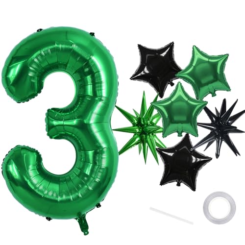 Image of TONIFUL 3rd Birthday Balloons 40 Inch Green Large Number 3 Foil Balloon 18 Inch Helium Mylar Heart Star Shaped Ballons for Boys Men Birthday Anniversary Graduation New Year Eve Party Decoration