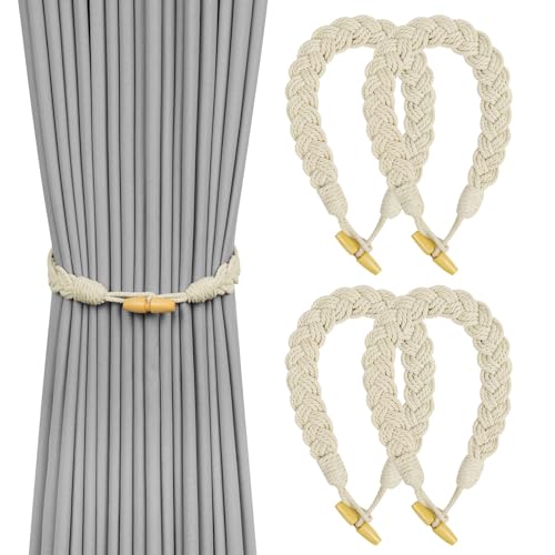 HOTUT Sujetadores de Cortinas, 4 Abrazaderas de Cortina Tejidas a Mano, Sujetadores de Cuerda de Algodón Bohemio Accesorios de Cortinas para Decoración Interior y Exterior (blanco)