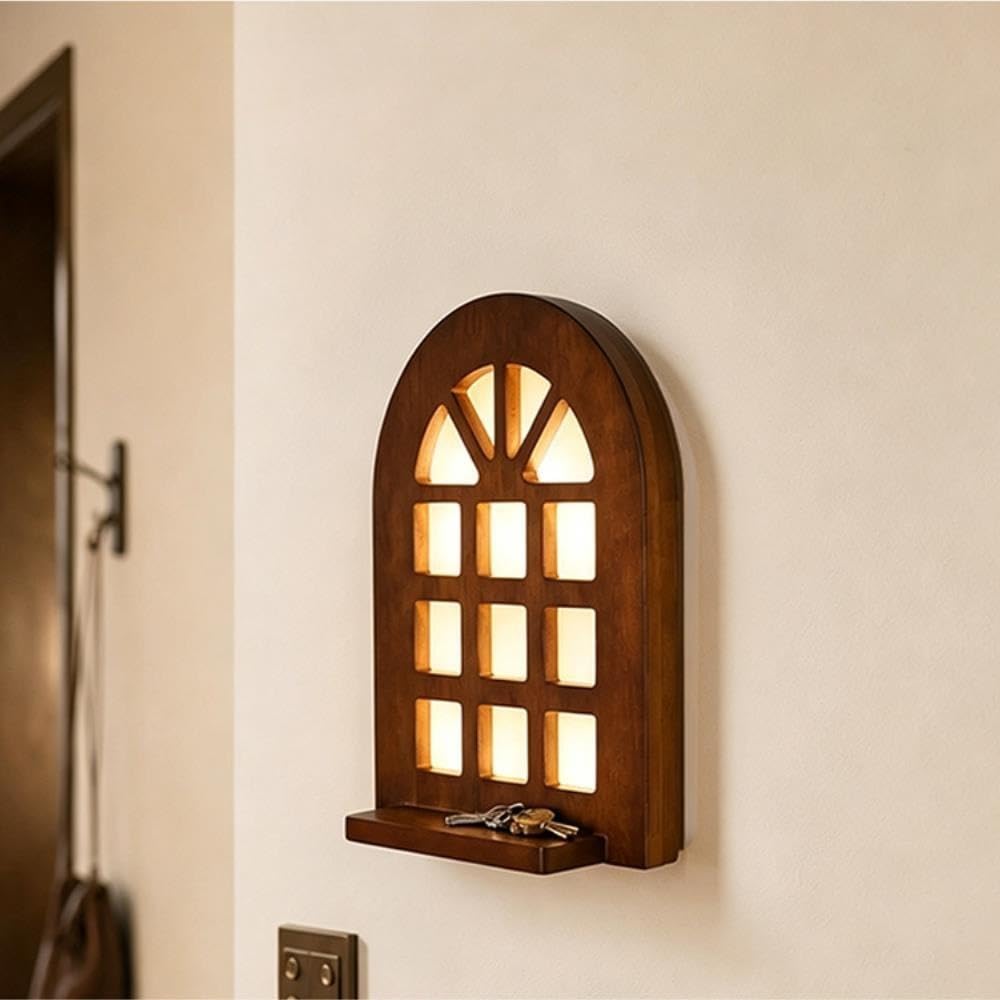 Lampada da parete con finestra ad arco della metà del secolo, luce | Metà del secolo, finestra ad arco, legno, mensola, applique da parete a LED