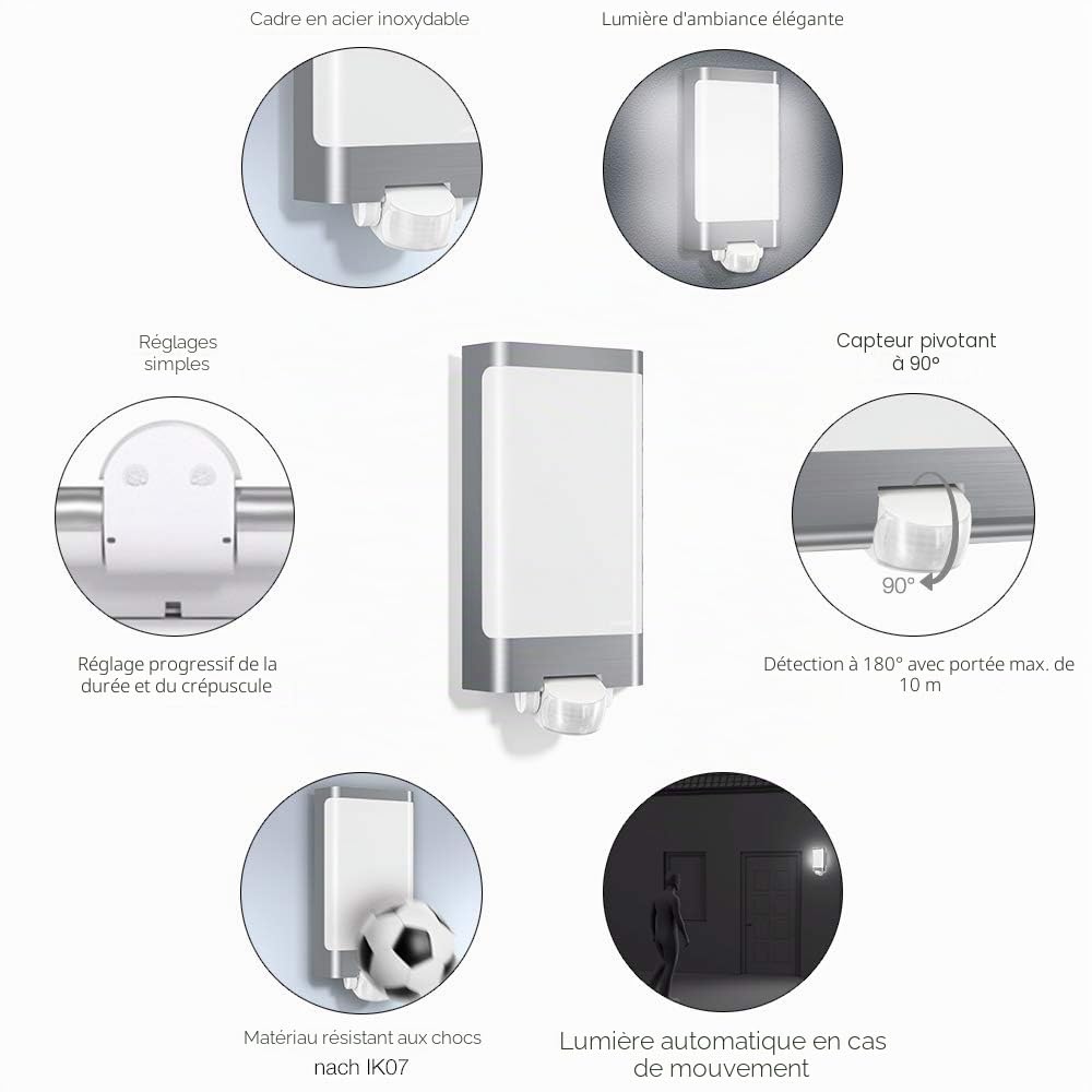 Steinel luminaire extérieur L 240 LED inox - applique murale LED - détecteur de mouvement 180° - portée 10m - puissance 7 -5W