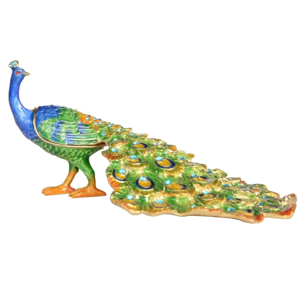 YOPI Hand Painted Enamel Peacock Trinket Box – Hinged Jewelry Organizer Storage For Home Decor, Unique Keepsake Collectible Figurine