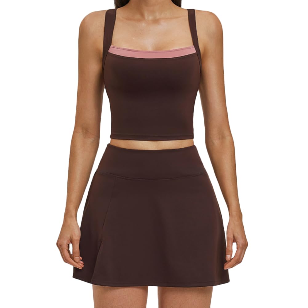 XYFfybhsd Women Yoga Tennis 2-Piece Quick Dry Breathable Tennis Skirt Set (Size:M,Color:Brown)