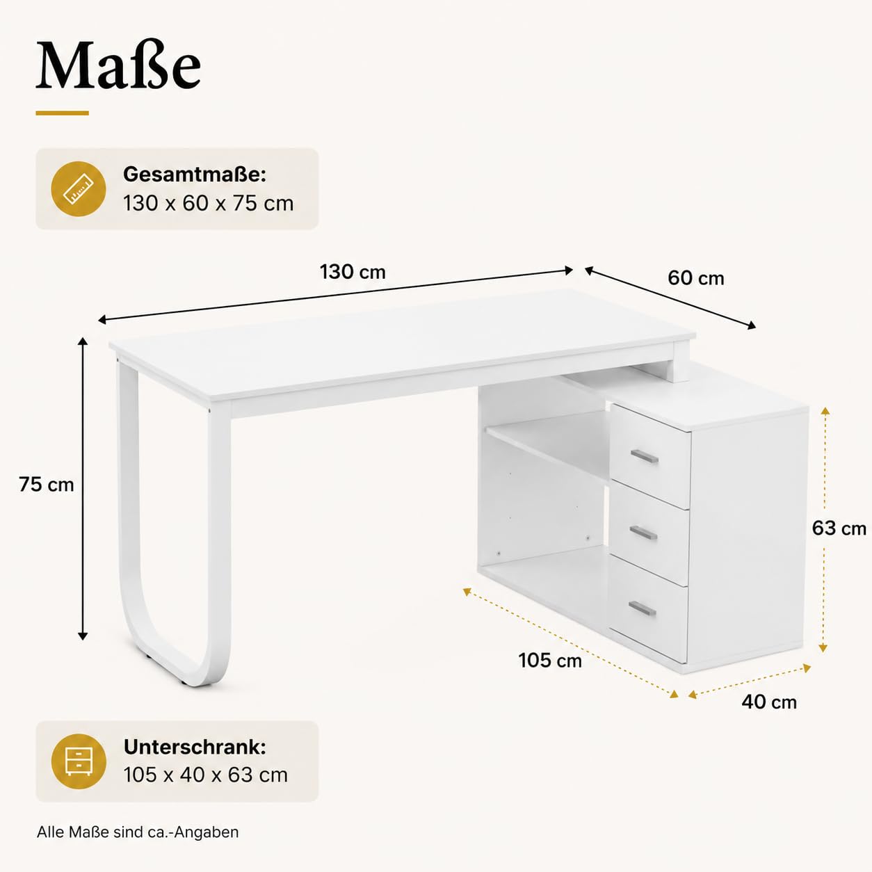 Schreibtisch Weiß mit 3 Schubladen und Regal, Computertisch mit Stauraum, Arbeitstisch für Homeoffice, Jugendzimmer und Büro, 140 x 105 x 75 cm