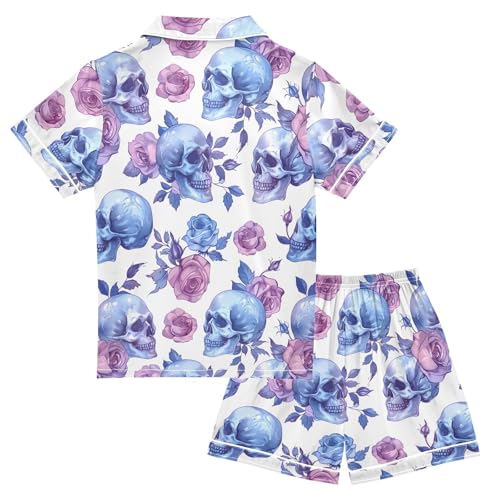 Skull Roses Pajamas Set Summer Button Down Sleepwear Pjs Sets Comfy Loungewear2