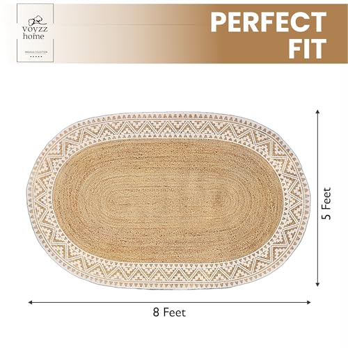 Image of voyzz home 5x8 Feet-Oval, Premium Natural Jute Braided Area Rug, White Printed Border, Stain Resistance, Natural Brown, Handmade Rug for Entryways, Living Room, Dining Room, Bedroom, Office, Farmhouse