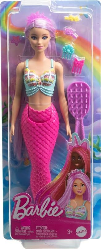 Barbie Muñeca Sirena fantasía con Pelo Largo Rosa y Accesorios para peinar, Serie Un Toque de Magia, Juguete +3 años (Mattel HRR00)
