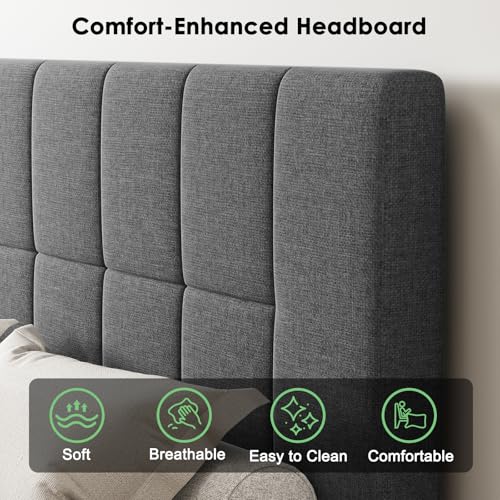 Marsail Full Size Bed Frame with Headboard, Sturdy and Durable with 12 Support Legs, 1300 lbs Capacity, Solid Wooden Upholstered Adjustable Headboard for 6\"-12\" Mattresses, Easy Assembly,Dark Gray