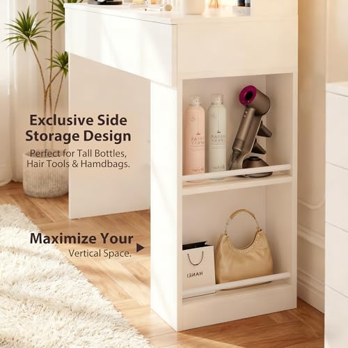 Image of Furmax Vanity Desk with Mirror and LED Lights, White with Bench