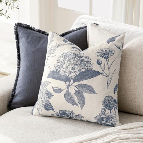 Image of Foindtower Set of 2 Linen Floral Vintage Throw Pillow Covers Neutral Accent Print Decorative Cushion Covers Farmhouse Boho Home Decor for Sofa Chair Couch Bedroom Living Room,20x20 Inch,Blue