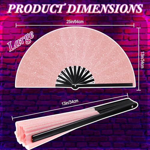 Image of Vercraft 13'' Large Rave Fan for Women Rave Accessories Festival Outfits Glitter Hand Folding Clack Fan for Line Dancing EDM Music Festival Outfits(Pink)