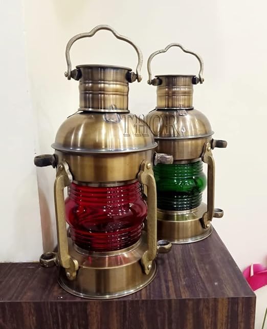 Set of 2 Red and Green Glass Oil Lanterns with Antique Finish Nautical Maritime Vintage Style Wall Hanging
