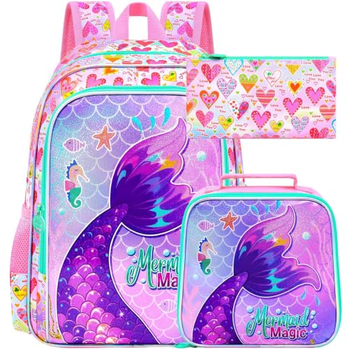 Image of 3Pcs Mermaid Backpack for Girls, 16 inch Kids Fish Tail Backpacks with Lunch Box, School Bookbag for Elementary Preschool Kindergarten(Pink)