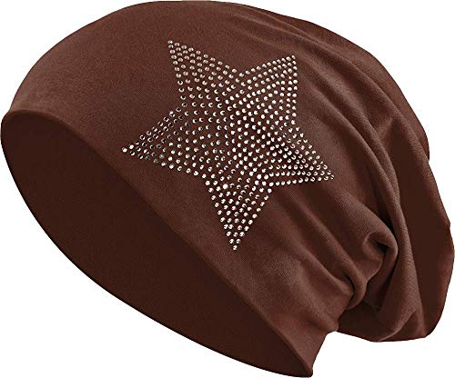 Balinco Strass étoile Pierres Jersey Coton élastique Long Slouch, Bonnet Unisexe Hommes Femmes Bonnet Heather en 35 différentes Couleurs (2) - Marron foncé, Taille Unique