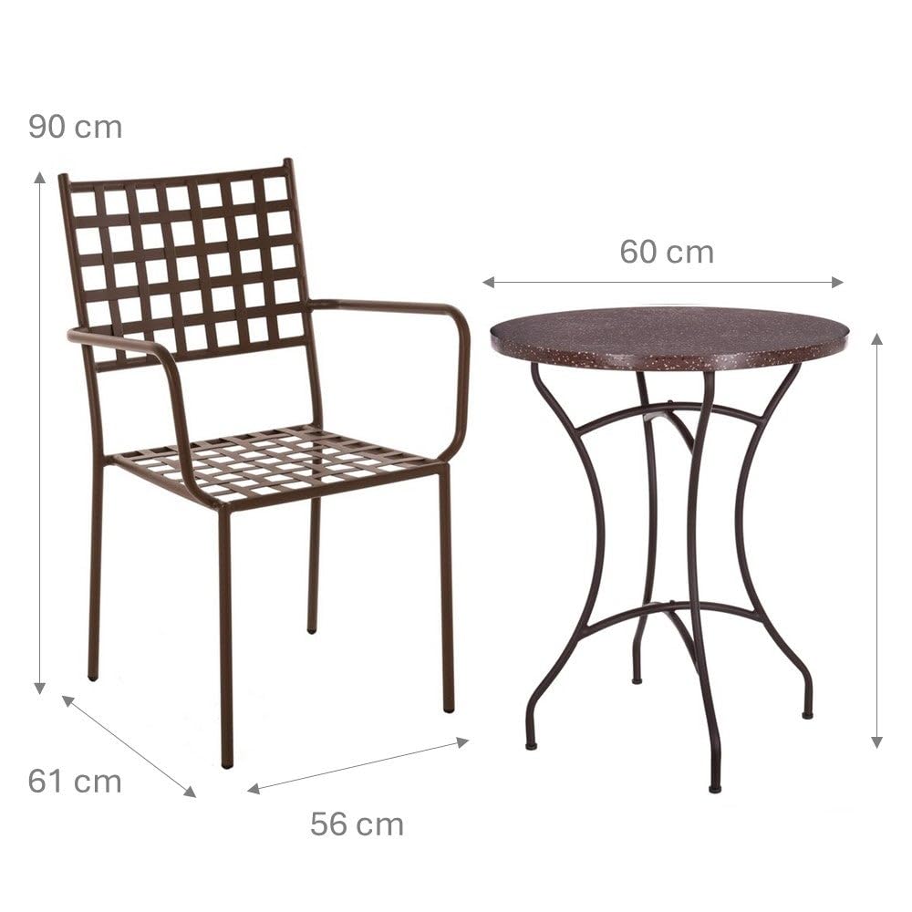 LOLAhome Mesa mármol y 2 sillas de jardín Cartago Marrón Oxido | Estilo Hierro Forjado | Mesa Ø60x72 cm | Sillas 56x61x90 cm Contract, Resistentes, Apilable y con Brazos | para Exterior | Cartago