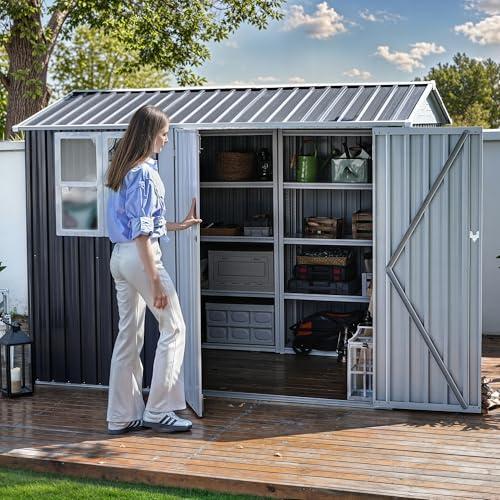 Image of DWVO 8x6ft Large Tool Storage Shed with Window, Lockable Doors, and Sloped Roof, Oversized Steel Outdoor Storage Shed for Garden, Patio, Garage, Backyard, Lawn - Gray & White