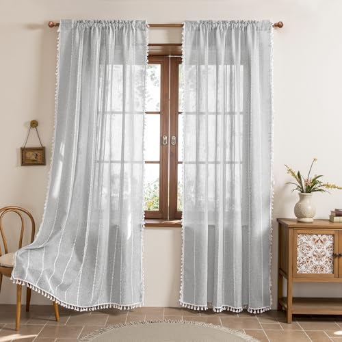 BTTN 84 Inch Length 2 Panels Curtains, Long Boho Farmhouse Linen Striped Embroidery Drapes with Tassels for Bedroom Living Room, Light Filtering French Rod Pocket Window Treatments, 52x84, Grey/Gray by BTTN - Image 7