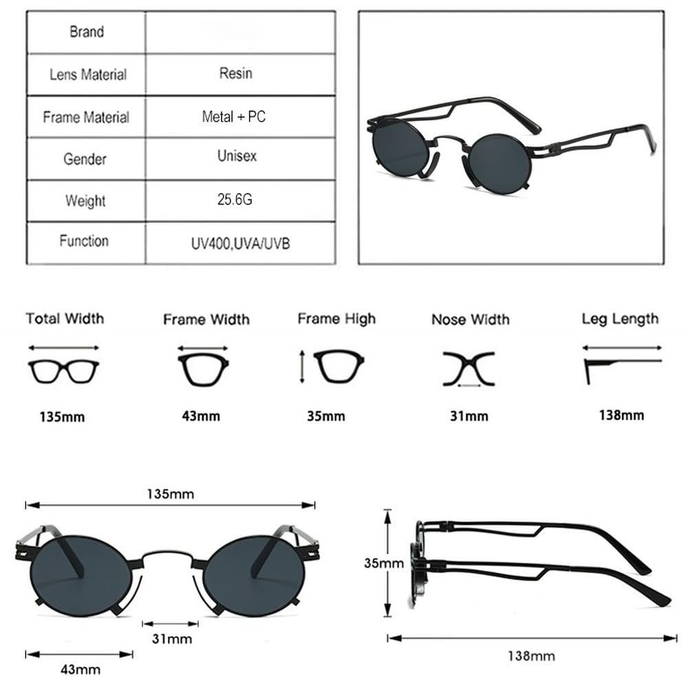 Gafas de sol ovaladas pequeñas retro para mujer, montura metálica única, a la moda, con protección UV400, para hombre, estilo punk, rojo y amarillo.